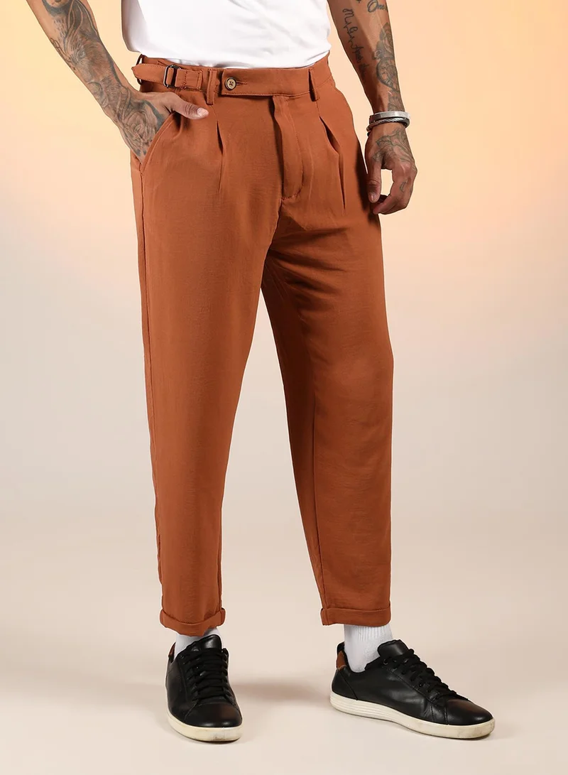 CAHOOT  Men's Sienna Brown Cuffed Pleated Trousers for Men | Best Price UAE