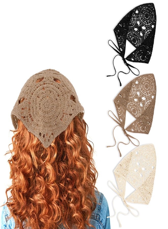 simarro 3PCS Hollow Crochet Bandanas Headbands Hairbands Tie Knitted Headscarf Vintage Hair Bandanas for Women Girls Head Kerchief Styling Decor - Image 1