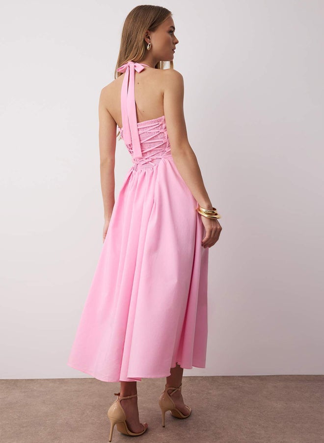 trendyol Pink Halterneck Wide Poplin Maxi Woven Dress - Image 3