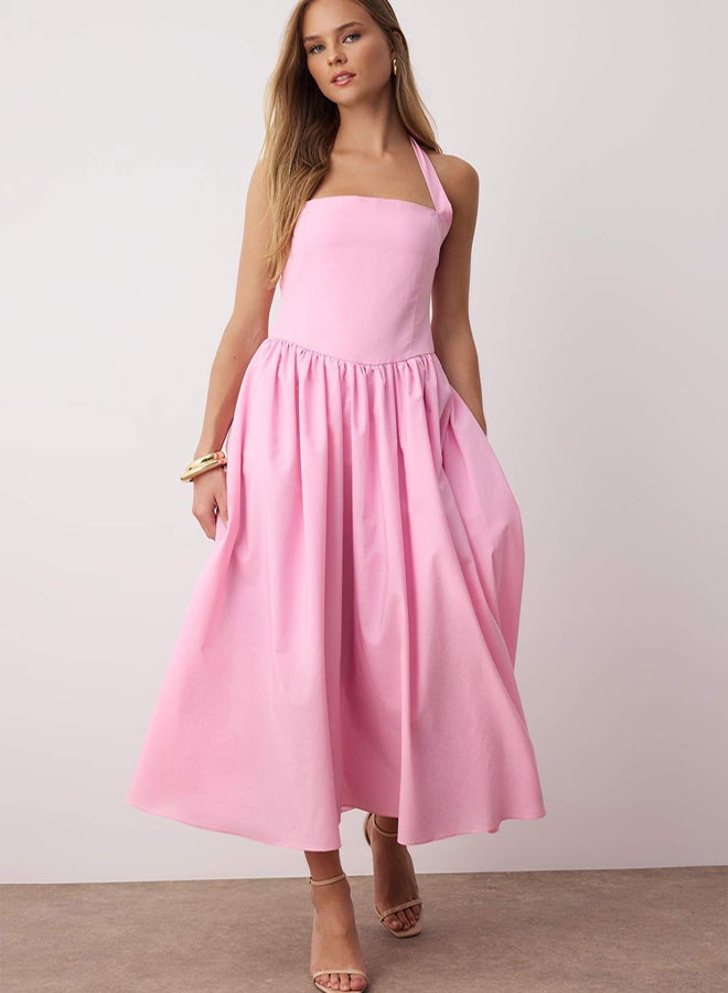 trendyol Pink Halterneck Wide Poplin Maxi Woven Dress - Image 2