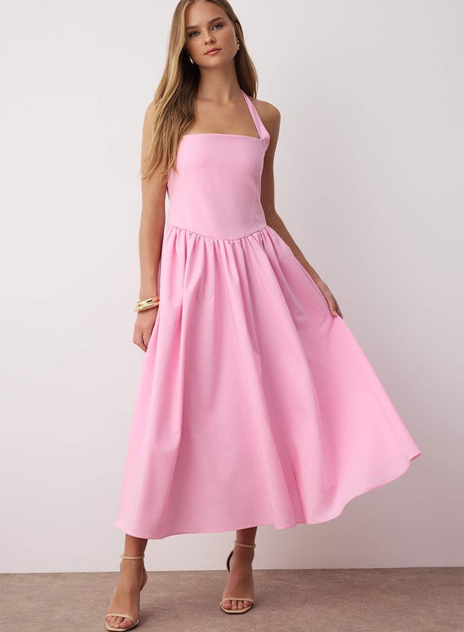 trendyol Pink Halterneck Wide Poplin Maxi Woven Dress - Image 1