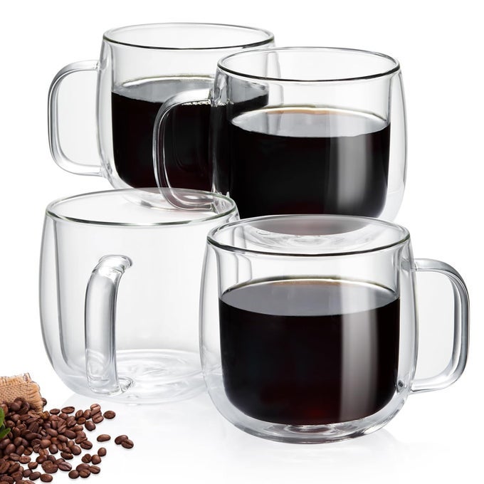 DOUBLE WALLED GLASS COFFEE MUGS 10 FL OZ BOROSILICATE GLASS INSULATED COFFEE MUGS SET OF 4 MICROWAVE REFRIGERATOR SAFE