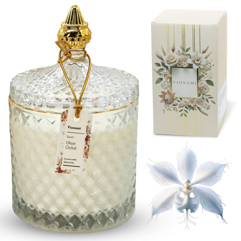 VIONAMI Luxury Scented Candle Gift â€“ Ghost Orchid Rare Flower Fragrance in Elegant Glass Jar, Decorative Soy Candles Gifts for Women, Long-Lasting 80 Hr, 14.8 oz, Luxury Candles for Women - Image 1