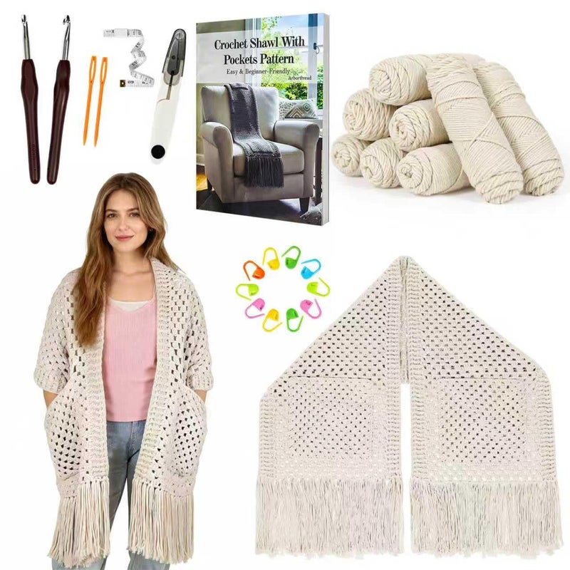 Arborthread Crochet Kit for Beginners Easy AllSeason Pocket Shawl Scarf Crochet Kit for Adults wAmple Premium Yarn to Fit Different Sizes StepbyStep Video Instructions Light Khaki - Image 2