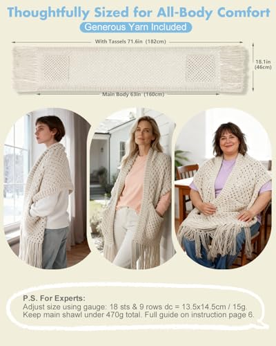 Arborthread Crochet Kit for Beginners Easy AllSeason Pocket Shawl Scarf Crochet Kit for Adults wAmple Premium Yarn to Fit Different Sizes StepbyStep Video Instructions Light Khaki - Image 3