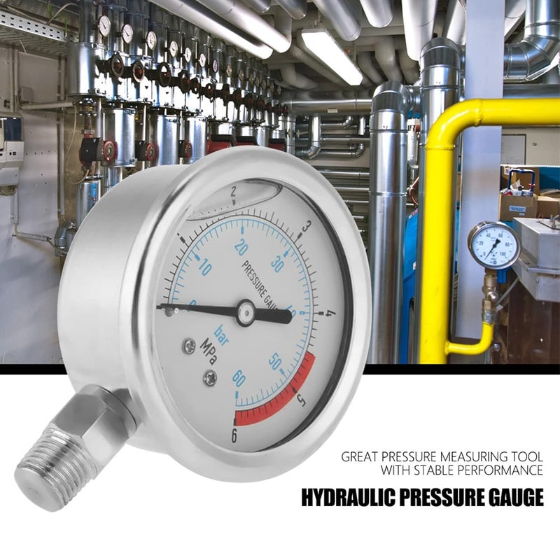 60mm Dial Air Hydraulic Pressure Gauge, 0-60Bar 0-6MPa Dual Scale Manometer with 1/4" NPT Thread, Metal Case Pressure Measuring Tool for Water Air Systems - Image 3