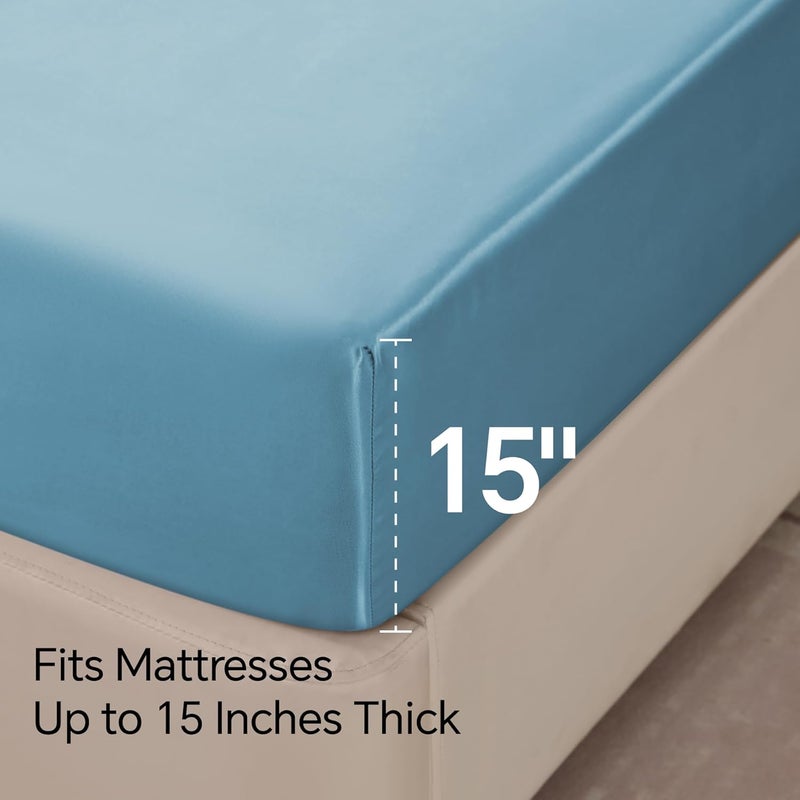 BEDELITE Satin Fitted Sheet and Pillowcase Set, Luxury Soft Similar to Silk Bottom Bedsheet with Elastic Corner Straps, Deep Pocket up to 15 Inch, 1 Fitted Sheet and 1 Pillowcase(Twin, Airy Blue) - Image 5