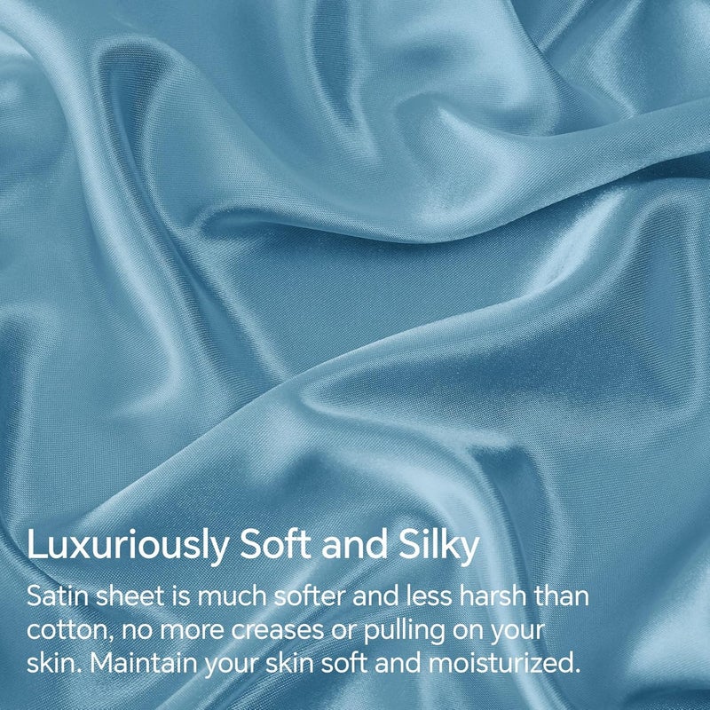 BEDELITE Satin Fitted Sheet and Pillowcase Set, Luxury Soft Similar to Silk Bottom Bedsheet with Elastic Corner Straps, Deep Pocket up to 15 Inch, 1 Fitted Sheet and 1 Pillowcase(Twin, Airy Blue) - Image 3