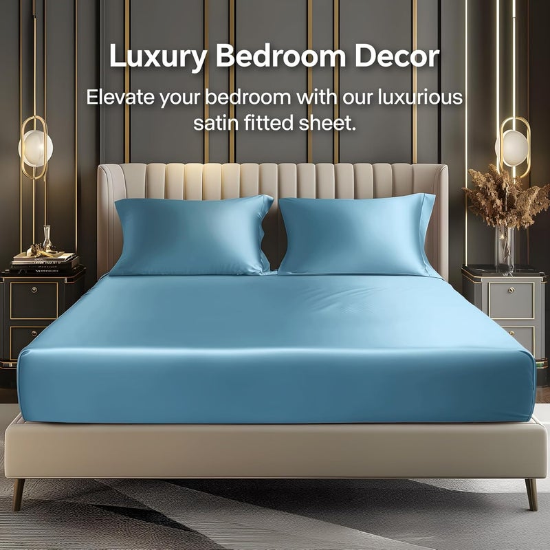 BEDELITE Satin Fitted Sheet and Pillowcase Set, Luxury Soft Similar to Silk Bottom Bedsheet with Elastic Corner Straps, Deep Pocket up to 15 Inch, 1 Fitted Sheet and 1 Pillowcase(Twin, Airy Blue) - Image 2