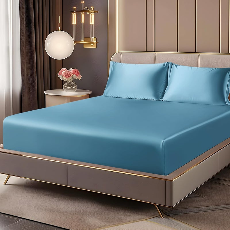 BEDELITE Satin Fitted Sheet and Pillowcase Set, Luxury Soft Similar to Silk Bottom Bedsheet with Elastic Corner Straps, Deep Pocket up to 15 Inch, 1 Fitted Sheet and 1 Pillowcase(Twin, Airy Blue) - Image 1