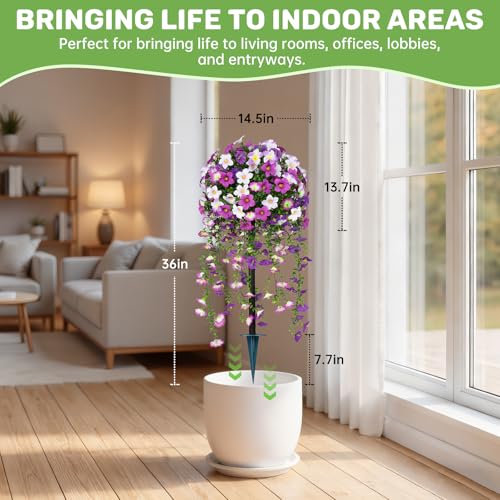 Grooy Artificial Plants Flowers Topiary Ball for Outdoor, 2 Pack Fake Purple Silk Morning Glory Plant Bushes, UV Resistant Realistic Plants Shurbs for Outside,Front Porch,Patio,Yard - Image 4
