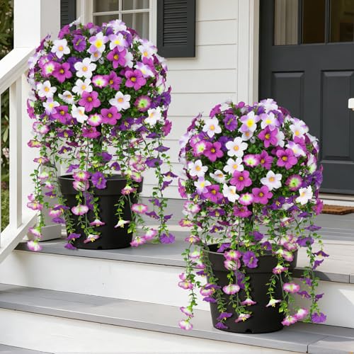 Grooy Artificial Plants Flowers Topiary Ball for Outdoor, 2 Pack Fake Purple Silk Morning Glory Plant Bushes, UV Resistant Realistic Plants Shurbs for Outside,Front Porch,Patio,Yard - Image 1