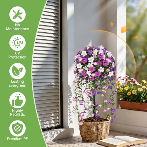 Grooy Artificial Plants Flowers Topiary Ball for Outdoor, 2 Pack Fake Purple Silk Morning Glory Plant Bushes, UV Resistant Realistic Plants Shurbs for Outside,Front Porch,Patio,Yard - Image 2