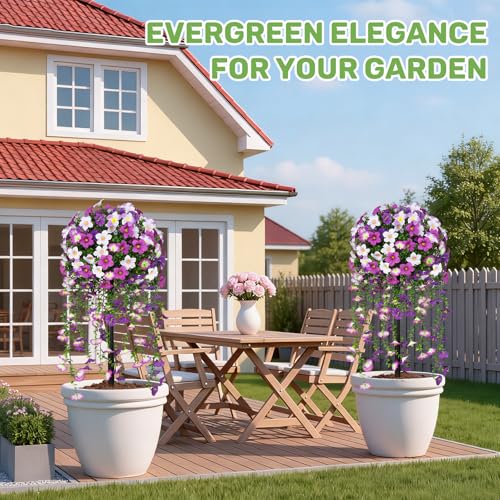 Grooy Artificial Plants Flowers Topiary Ball for Outdoor, 2 Pack Fake Purple Silk Morning Glory Plant Bushes, UV Resistant Realistic Plants Shurbs for Outside,Front Porch,Patio,Yard - Image 3