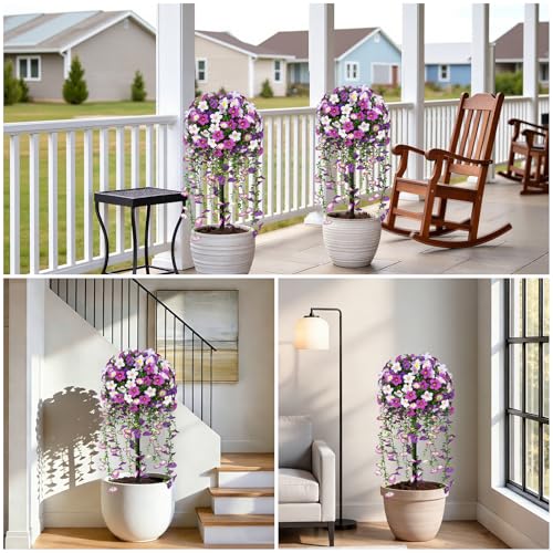 Grooy Artificial Plants Flowers Topiary Ball for Outdoor, 2 Pack Fake Purple Silk Morning Glory Plant Bushes, UV Resistant Realistic Plants Shurbs for Outside,Front Porch,Patio,Yard - Image 5