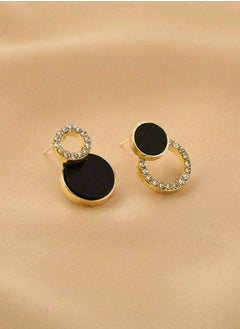 Shein 1Pair Cubic Zirconia Double Circle Stud Earrings Hollow Round Black Stud Earrings  - Image 1