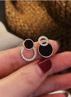 Shein 1Pair Cubic Zirconia Double Circle Stud Earrings Hollow Round Black Stud Earrings  - Image 4