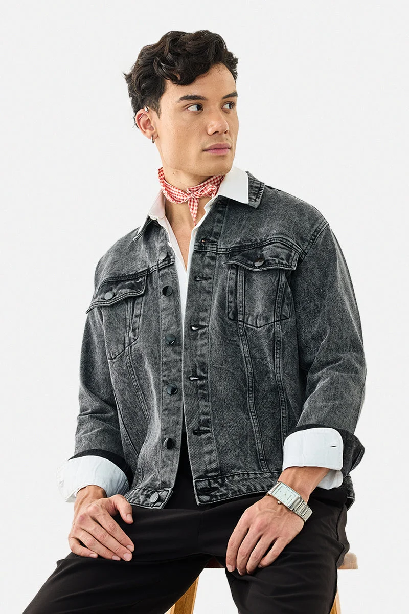 سنيتش Charcoal Grey Textured Long Sleeve Regular Fit Streetwear Jacket