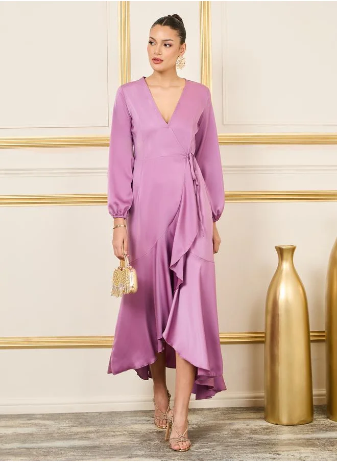 Styli Satin Ruffle Wrap Dress