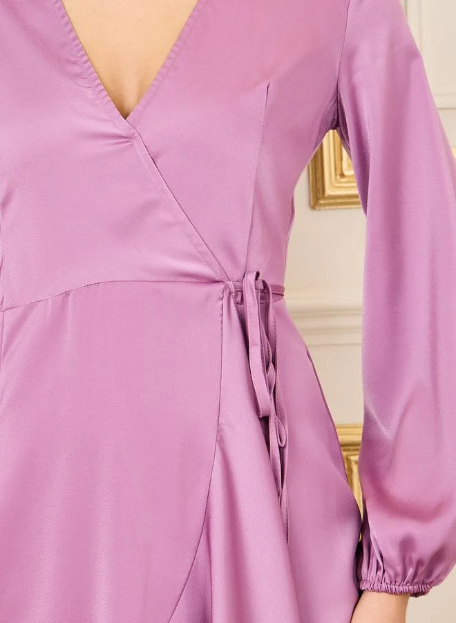 Styli Satin Ruffle Wrap Dress