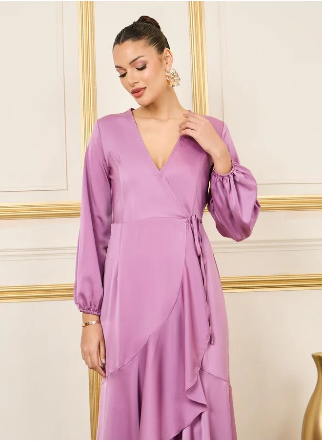 Styli Satin Ruffle Wrap Dress