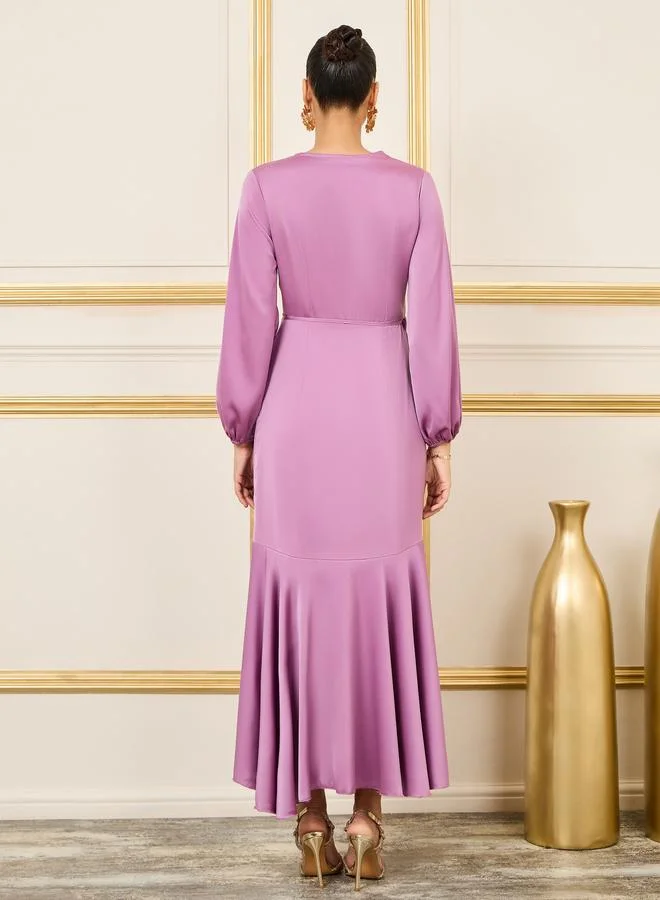 Styli Satin Ruffle Wrap Dress