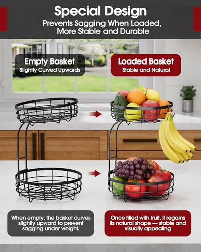 Sakugi Fruit Basket for Kitchen Counter 2Tier Large Capacity Fruit Bowl with Detachable Banana Hanger RustProof Metal Fruit Holder for Vegetables Bread Toiletry10 D x 10 W x 14 H Black - Image 3