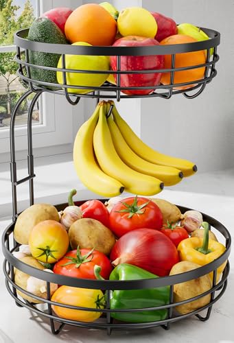 Sakugi Fruit Basket for Kitchen Counter 2Tier Large Capacity Fruit Bowl with Detachable Banana Hanger RustProof Metal Fruit Holder for Vegetables Bread Toiletry10 D x 10 W x 14 H Black - Image 1