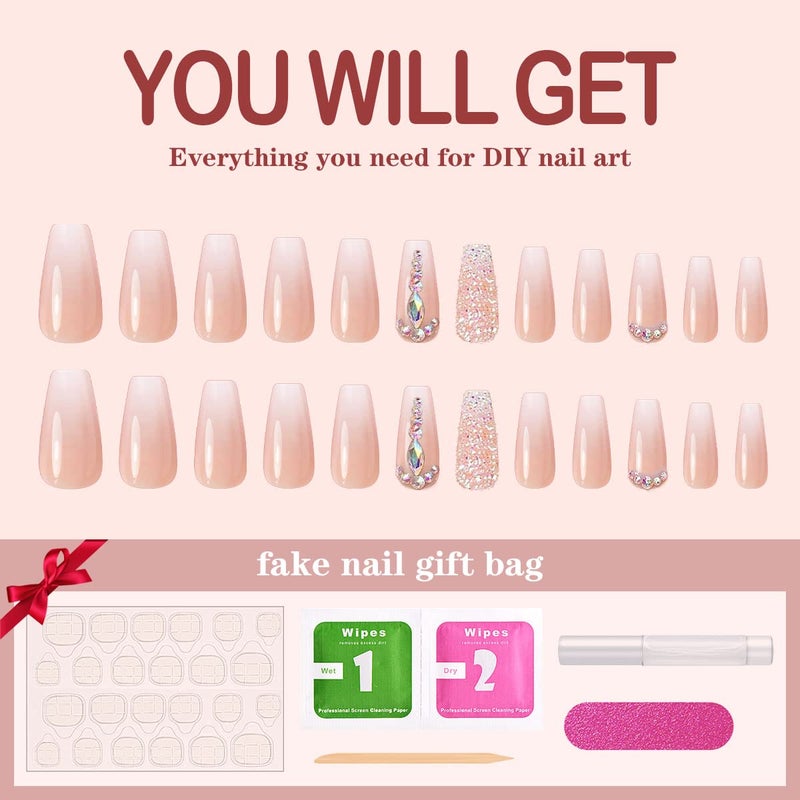 Yivaiks 24 Pcs Advanced Hand Made Customization Press on Nails, Luxurious Rhinestone Design Ballerina Fake Nailsï¼ŒPerfect Accessory for Banquets, Soirees, Parties(GD-004) - Image 5