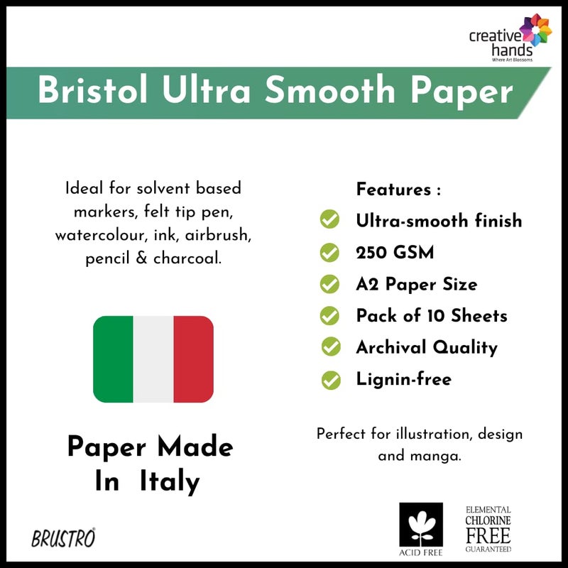 BRUSTRO Bristol Ultra Smooth Paper 250 GSM, Size - A2, 10 Sheets - Image 2