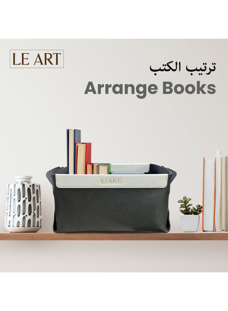 لي آرت سلة تخزين مستطيلة من الجلد - بجانب السرير، وطاولة بجانب السرير، ومنظم مكتب | منظم تخزين المؤن | منظم القرطاسية | سلة تخزين قابلة للطي للمنزل (أسود)  - Image 3