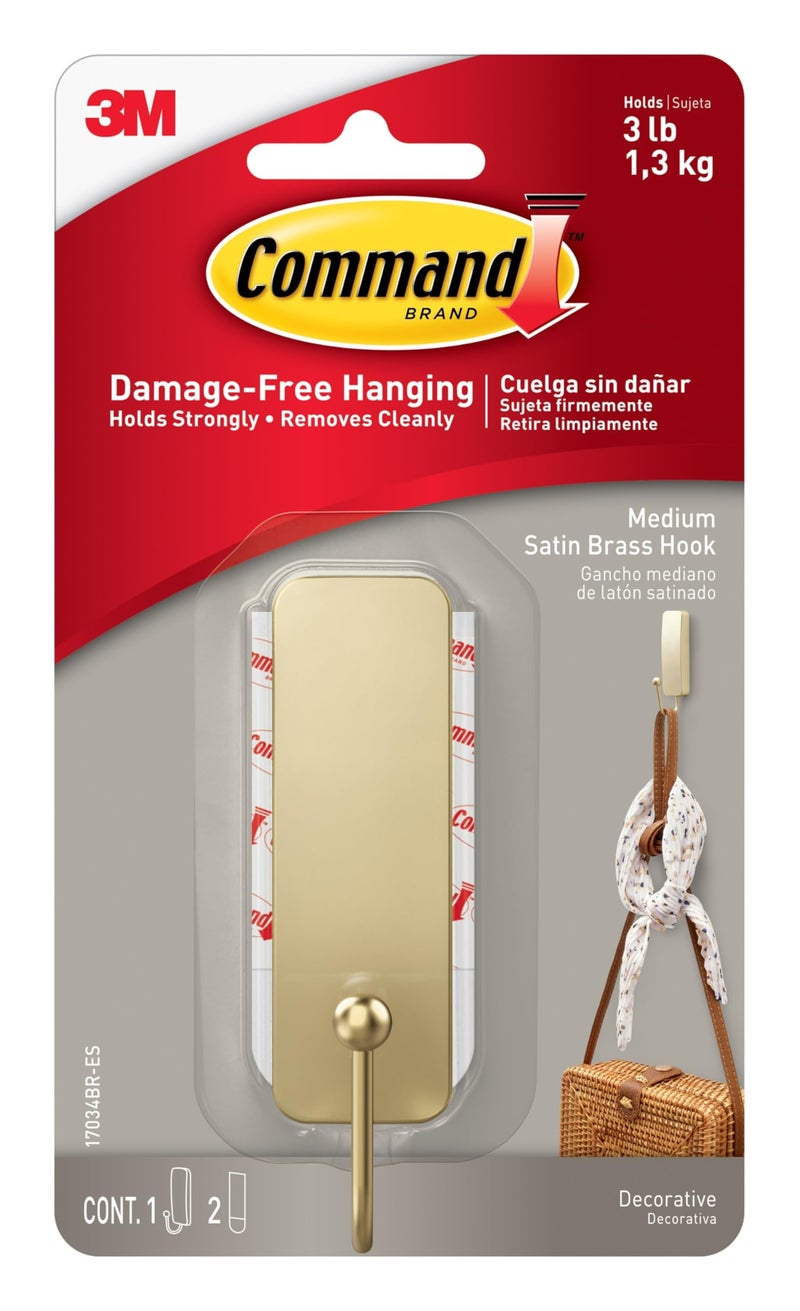 Command Medium Satin Brass Hooks, 1 Hook and 1 Strip, Damage-Free Hanging Wall Hook with Adhesive Strips, No Tools Coat Hooks for Hanging Home Decor, Holds up to 3 lb - Image 1