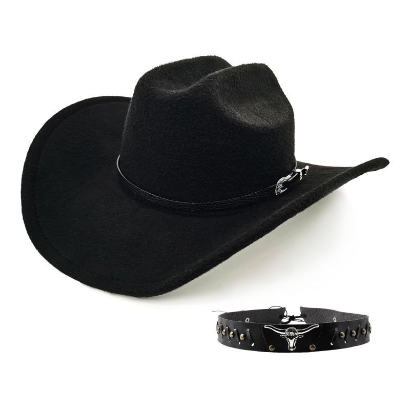 WOKNOW Classic Western Cowboy Hat for Men & Women, Felt Cowgirl Hat with Two Decorative Bands, ï¼ŒWide Brimï¼Œ All-Season Wear (Black) - Image 1