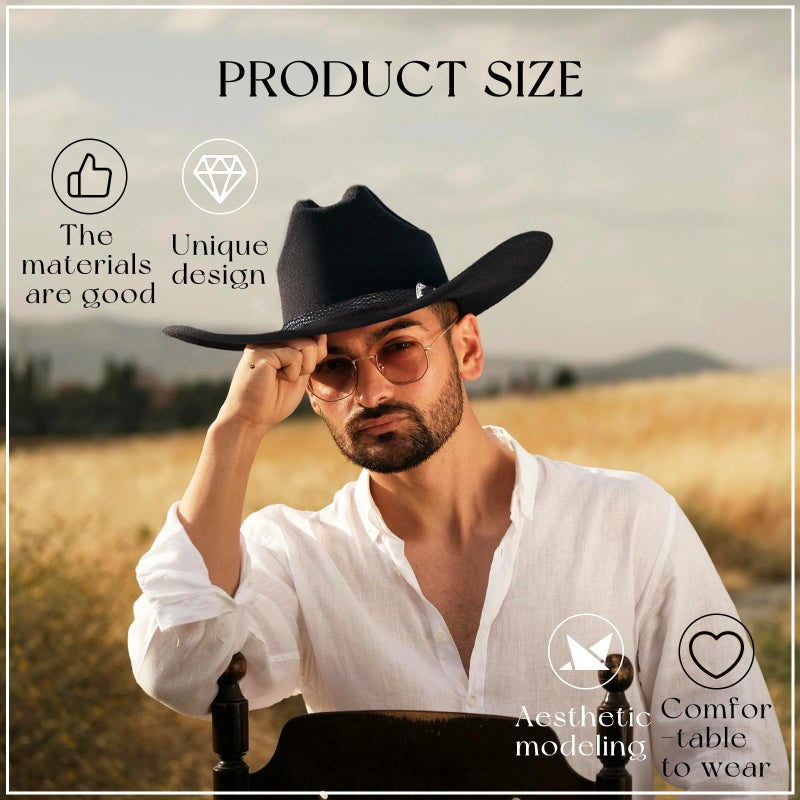 WOKNOW Classic Western Cowboy Hat for Men & Women, Felt Cowgirl Hat with Two Decorative Bands, ï¼ŒWide Brimï¼Œ All-Season Wear (Black) - Image 4