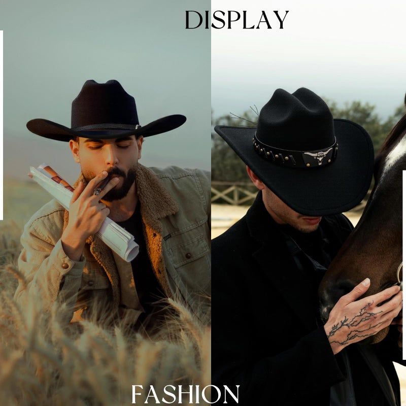 WOKNOW Classic Western Cowboy Hat for Men & Women, Felt Cowgirl Hat with Two Decorative Bands, ï¼ŒWide Brimï¼Œ All-Season Wear (Black) - Image 5