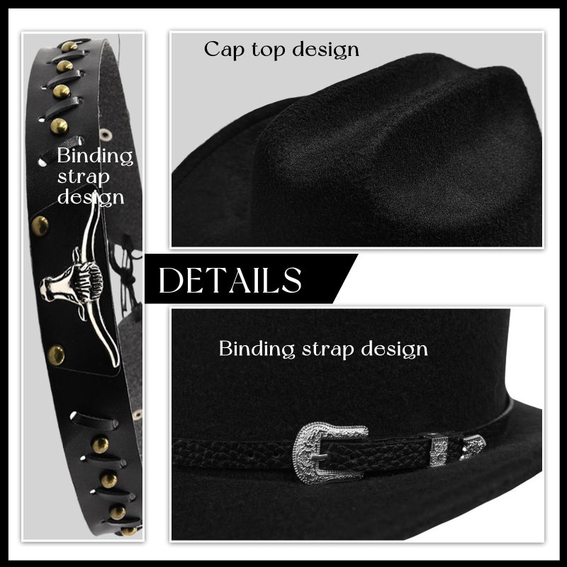 WOKNOW Classic Western Cowboy Hat for Men & Women, Felt Cowgirl Hat with Two Decorative Bands, ï¼ŒWide Brimï¼Œ All-Season Wear (Black) - Image 3