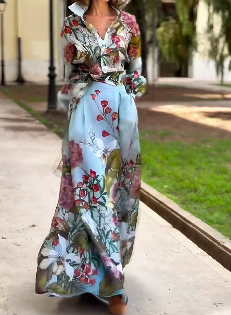 Shougu New Fashionable Casual Women's V-neck Shirt Tie Up Waist Long Dress Two Piece Set  - Image 1