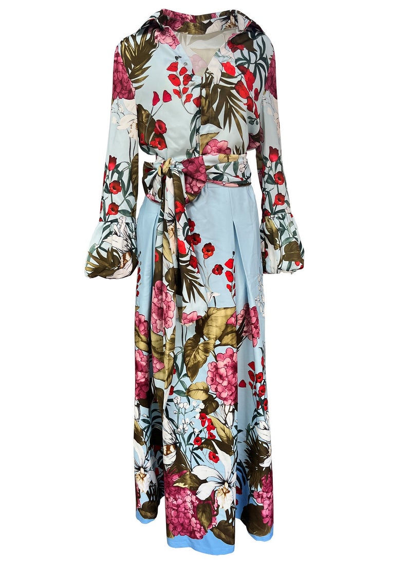 Shougu New Fashionable Casual Women's V-neck Shirt Tie Up Waist Long Dress Two Piece Set  - Image 2