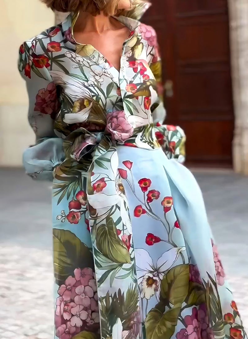 Shougu New Fashionable Casual Women's V-neck Shirt Tie Up Waist Long Dress Two Piece Set  - Image 4