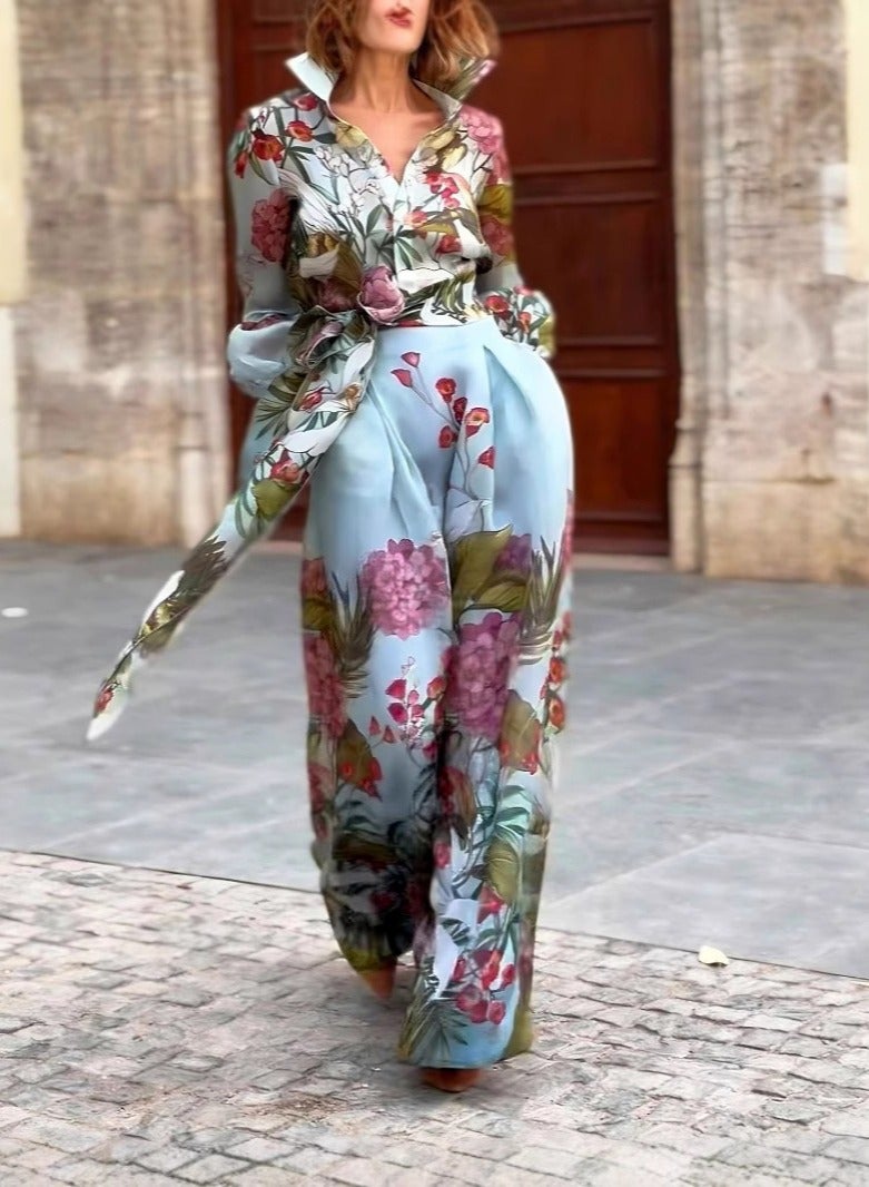 Shougu New Fashionable Casual Women's V-neck Shirt Tie Up Waist Long Dress Two Piece Set  - Image 5