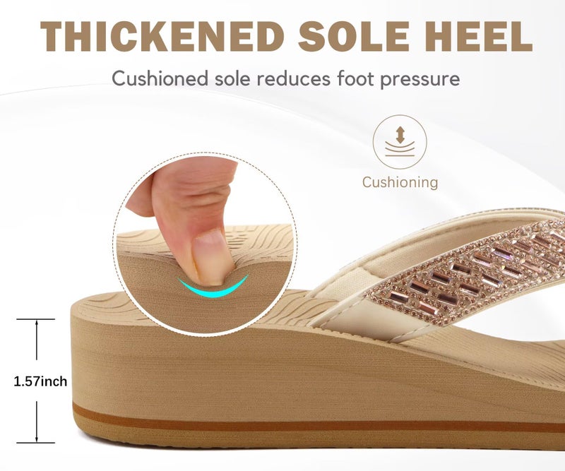 KuaiLu Womens Dressy Rhinestone Platform Flip Flops Trendy Comfortable Arch Support Cushion Walking Bling Thong Sandals Ladies Memory Foam Wedge Orthotic Plantar Fasciitis Summer Pool Beach Beige 9 - Image 3