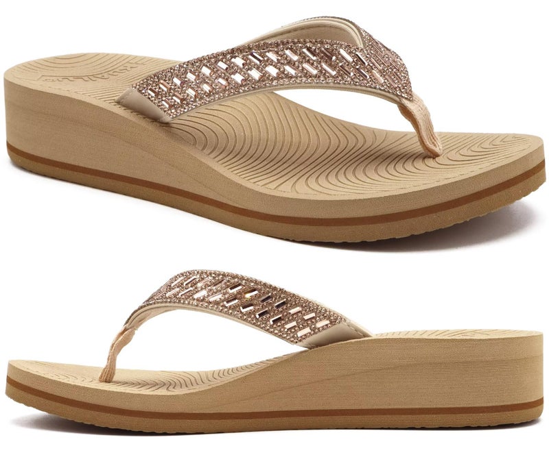 KuaiLu Womens Dressy Rhinestone Platform Flip Flops Trendy Comfortable Arch Support Cushion Walking Bling Thong Sandals Ladies Memory Foam Wedge Orthotic Plantar Fasciitis Summer Pool Beach Beige 9 - Image 1