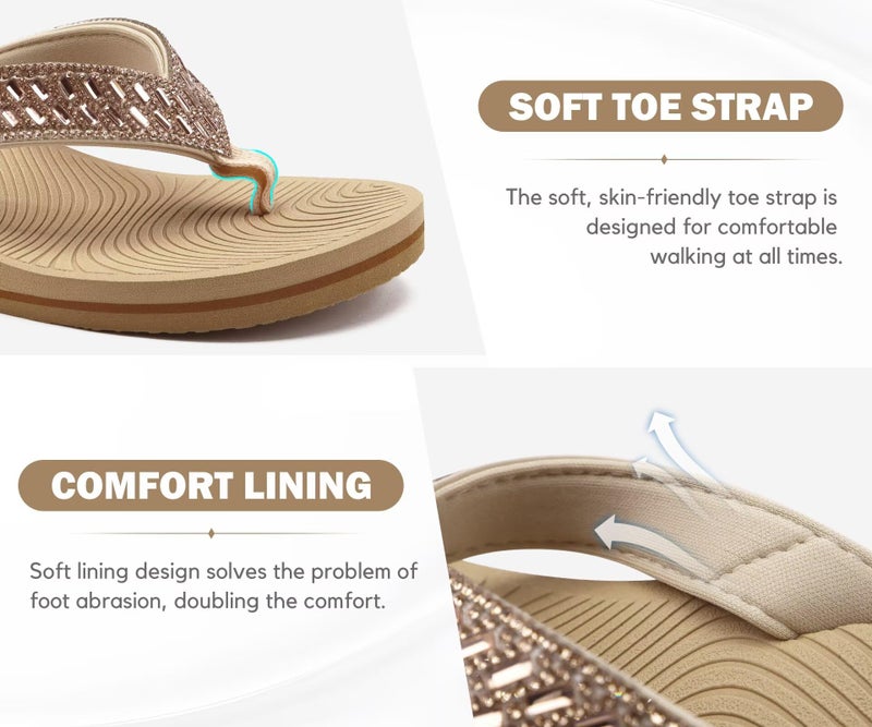 KuaiLu Womens Dressy Rhinestone Platform Flip Flops Trendy Comfortable Arch Support Cushion Walking Bling Thong Sandals Ladies Memory Foam Wedge Orthotic Plantar Fasciitis Summer Pool Beach Beige 9 - Image 4