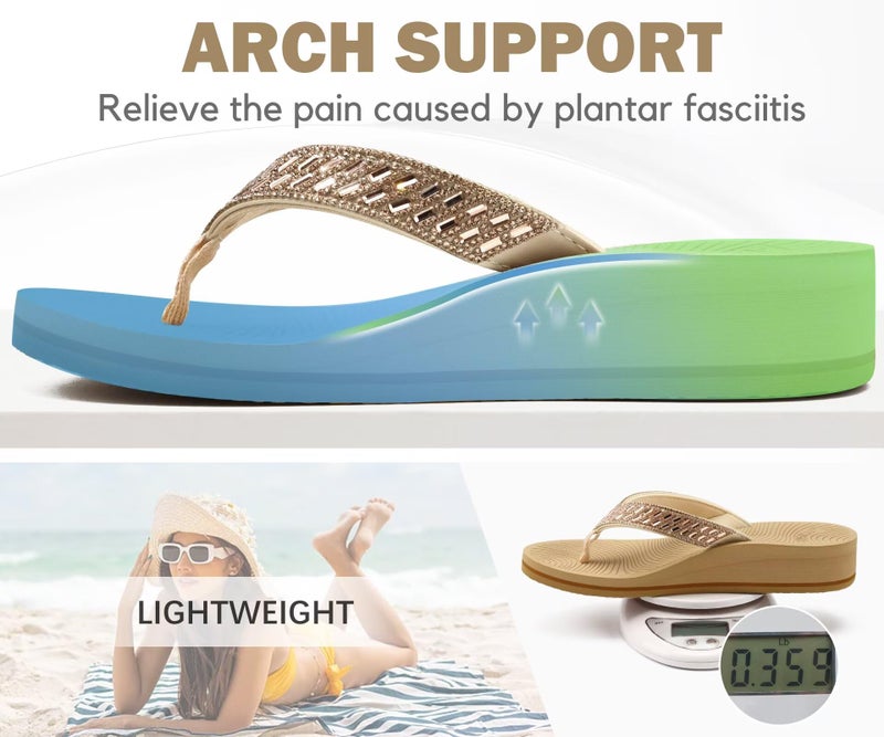 KuaiLu Womens Dressy Rhinestone Platform Flip Flops Trendy Comfortable Arch Support Cushion Walking Bling Thong Sandals Ladies Memory Foam Wedge Orthotic Plantar Fasciitis Summer Pool Beach Beige 9 - Image 5