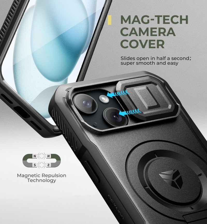 Dexnor for iPhone 15 Case with Slide Camera Cover & Adjustable Kickstand & Built-in Screen Protector, Magnetic Rugged Shockproof Bumper Cases Heavy-Duty Magnetic Protective Cover,Black - Image 4