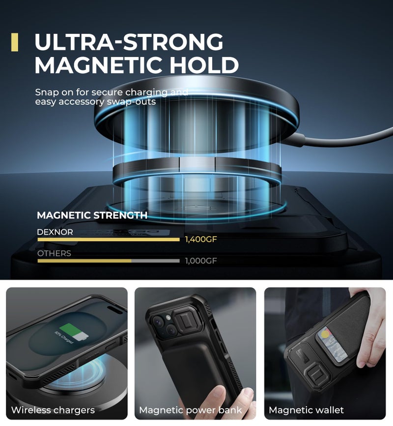 Dexnor for iPhone 15 Case with Slide Camera Cover & Adjustable Kickstand & Built-in Screen Protector, Magnetic Rugged Shockproof Bumper Cases Heavy-Duty Magnetic Protective Cover,Black - Image 3