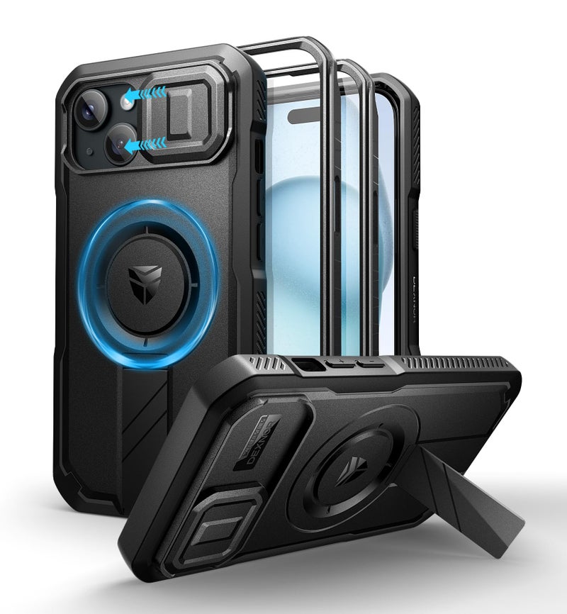 Dexnor for iPhone 15 Case with Slide Camera Cover & Adjustable Kickstand & Built-in Screen Protector, Magnetic Rugged Shockproof Bumper Cases Heavy-Duty Magnetic Protective Cover,Black - Image 1