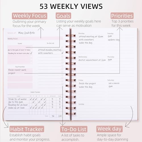 LONLAT Undated Weekly and Monthly Planner Spiral Bound- Weekly Goals Notebook, To Do List, Habit Tracker Journal, Academic, Aesthetic, Stylish School or Office Supplies (6.1" x 8.4" - Pink) - Image 3