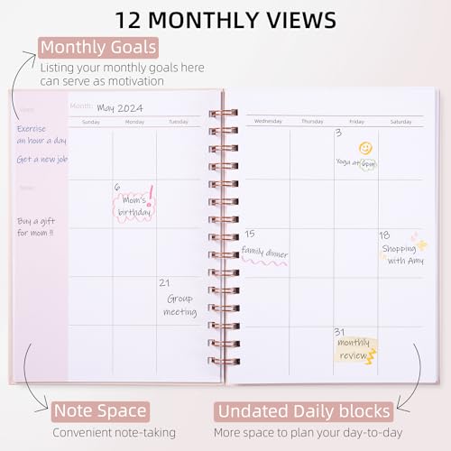 LONLAT Undated Weekly and Monthly Planner Spiral Bound- Weekly Goals Notebook, To Do List, Habit Tracker Journal, Academic, Aesthetic, Stylish School or Office Supplies (6.1" x 8.4" - Pink) - Image 2