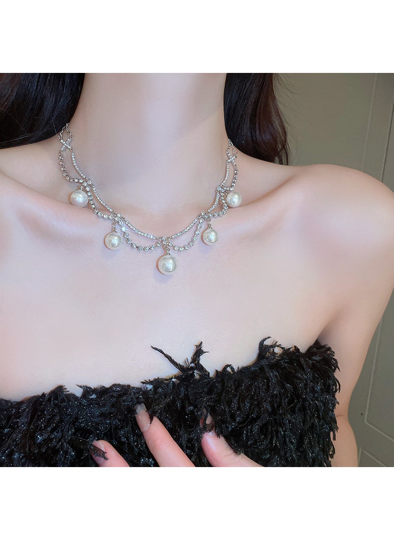 Generic - Korean Elegant Pearl Tassel Butterfly Necklace 13# Necklace-Silver Pearl Diamond - Image 1